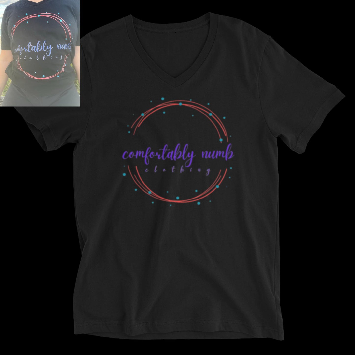 Unisex Short Sleeve V-Neck T-Shirt Comfortably Numb Clothing Branded Logo
