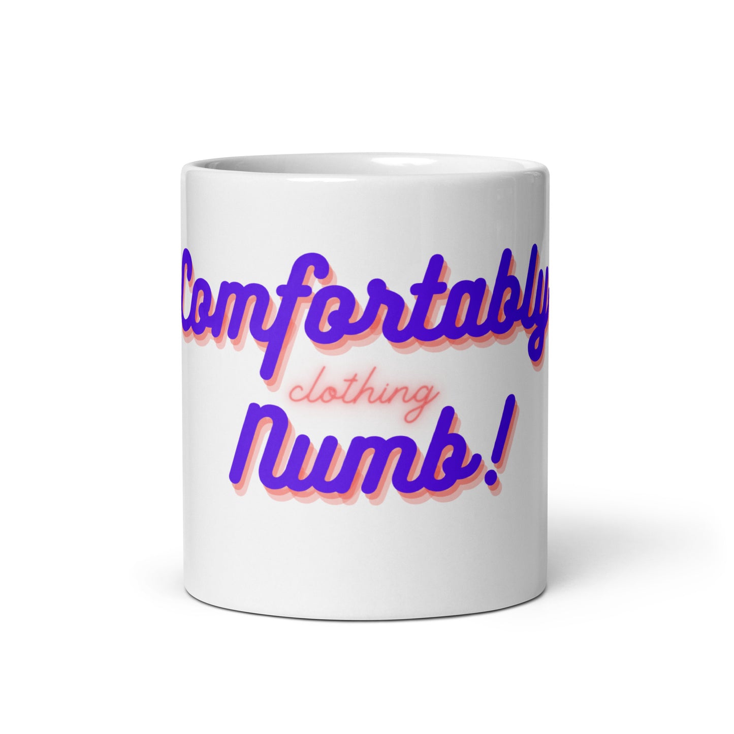 White glossy mug comfortably numb clothing logo