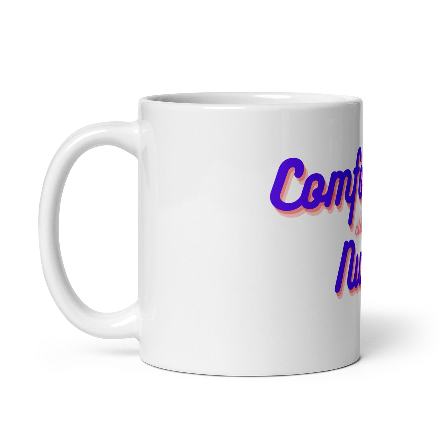 White glossy mug comfortably numb clothing logo