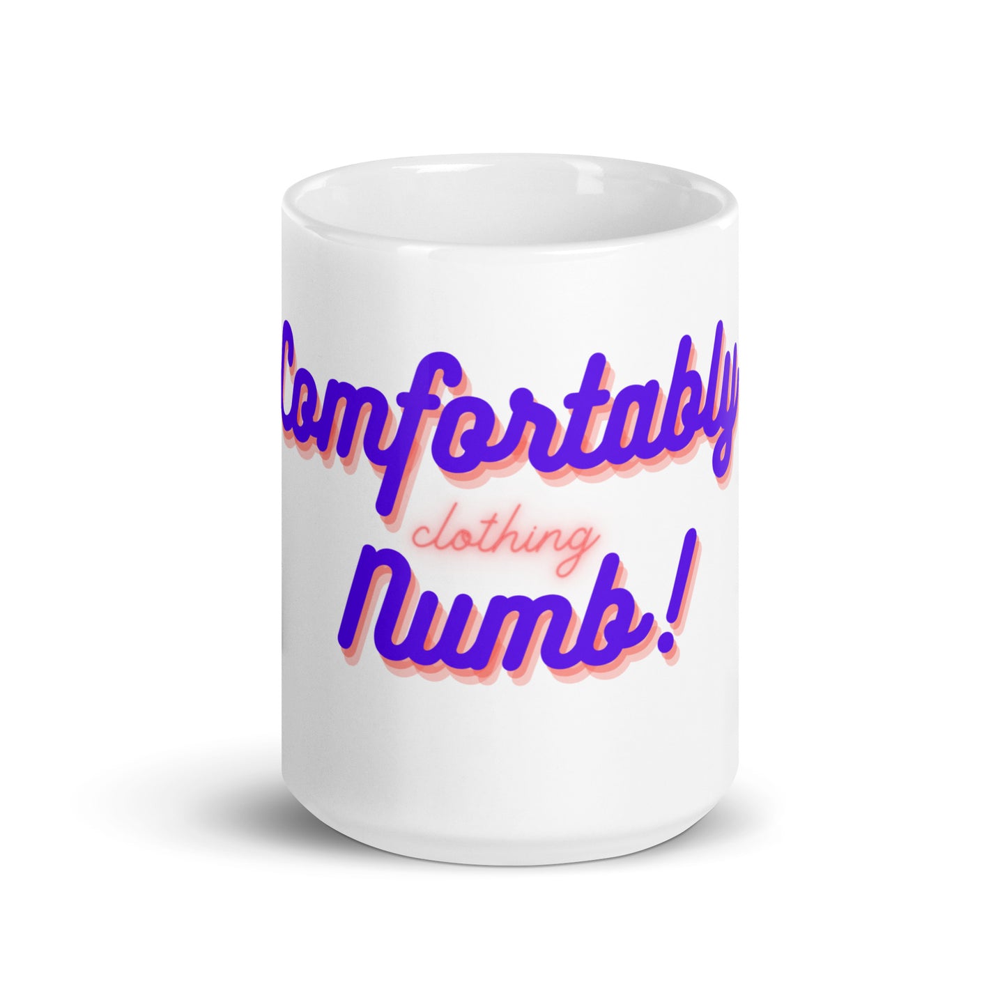 White glossy mug comfortably numb clothing logo