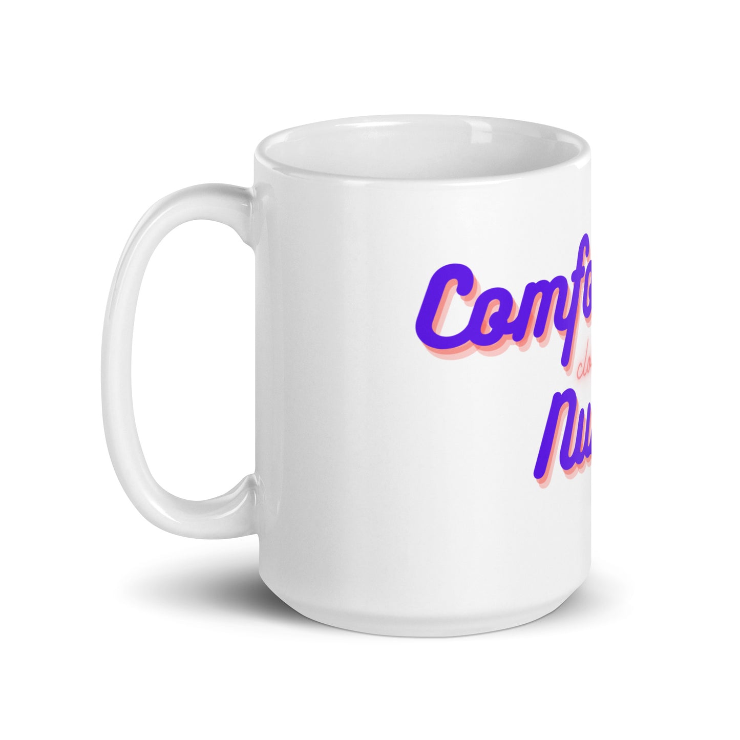 White glossy mug comfortably numb clothing logo